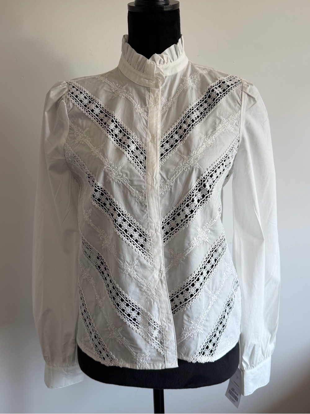 Magaschoni NWT White Cotton Victorian Lace Embroidered Blouse Size S